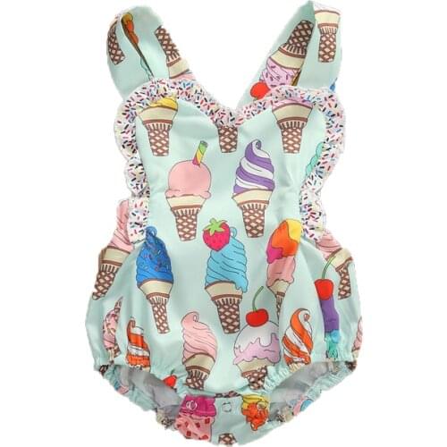 0-18M Summer Cute Toddler Baby Girls Boys Rompers Ice Cream Print Ruffles Sleeveless Backless Jumpsuits