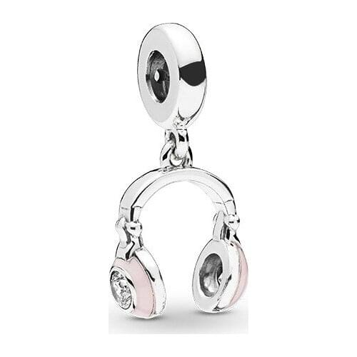 5PCS Silver Color Fashion Pink Enamel Headset Earphone Musical Pendants Fit DIY Bracelets Necklaces For Women Girl Accessories