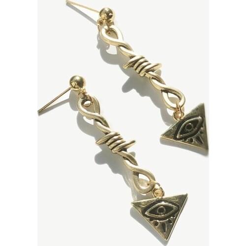 Fashion Antiqued Gold Color Twisted Rope Shaped Triangle Evil Eye Pattern Long Drop Earrings for Women Girls Jewelry