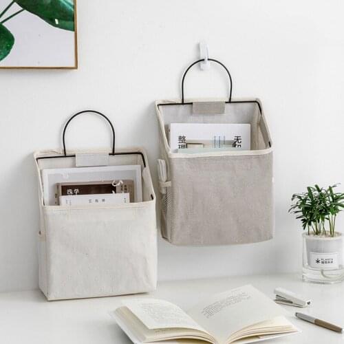 Cotton Linen Wall-mounted Storage Bag Wall Hanging Bedside Storage Organizer Book Magazine Mobile Phone Holder Storage Bag