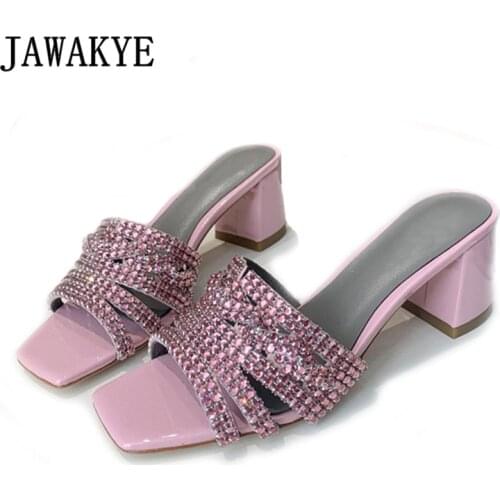 New Baby Pink Crystal Chunky Slippers Women Luxury Slides Hollow Out Square Toe Rhinestone Mules Shiny Leather Party Sandals