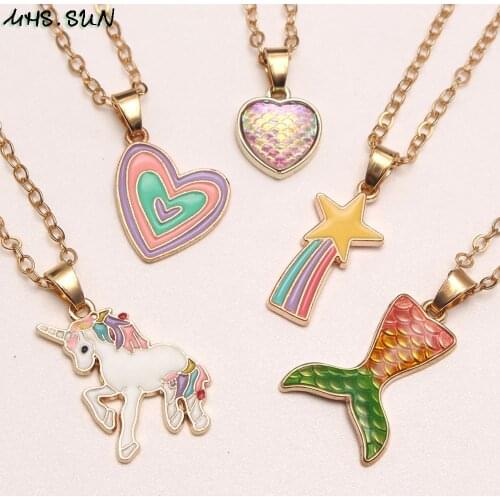 MHS.SUN Adorable Heart/Unicorn/Mermaid Tail Pendant Chain Necklace For Girls Kids Charming Alloy Necklace Party Jewelry 3Pc