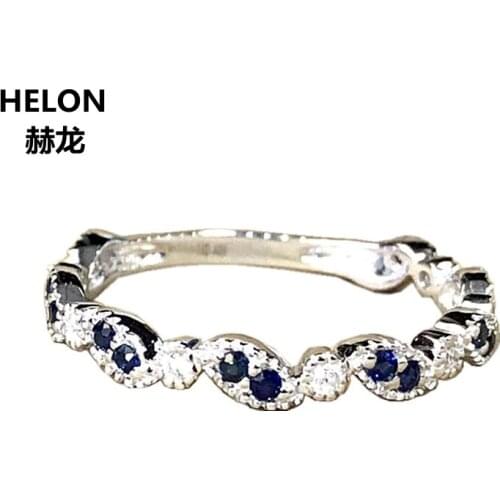 Solid 14k White Gold 0.2ct Natural Diamonds Sapphire Art Deco Band Engagement Wedding Ring Anniversary Party Fine Jewelry