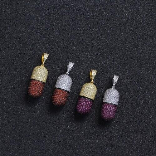 Hip Hop Micro Paved Red Purple AAA+ Cubic Zirconia Iced Out Bling Capsule Pendants Necklace for Men Women Rapper Jewelry