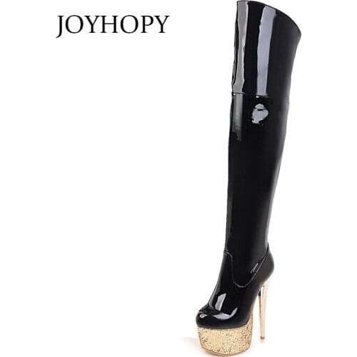 Sexy Patent Leather Thigh High Boots Women High Heels Platform Shoes Winter Party Nightclub Dance Over-The-Knee Boots With Plush