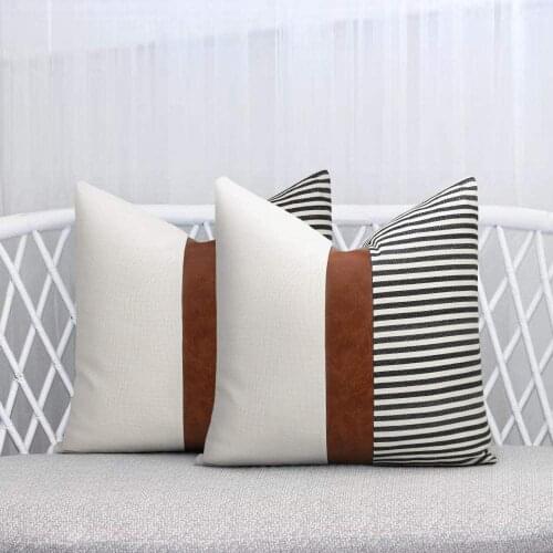 Cushion Set of 2 Farmhouse Decor Stripe Patchwork Linen Throw Pillow Covers,Modern Tan Faux Leather Accent Pillow Covers 45x45cm