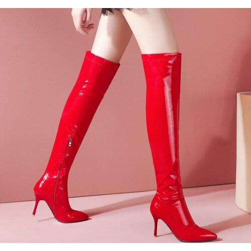 Sexy Patent Leather Knee High Boots Autumn Winter Women Boots Thin High Heel Long Boots Pointed Toe Zipper Woman Boots Shoes