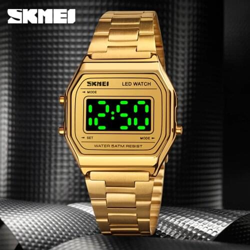 Luxury Sport Watch Men Fashion Rose Gold Stainless Steel Strap Quartz Watch Top Brand SKMEI Mens Watches Waterproof LED Clock