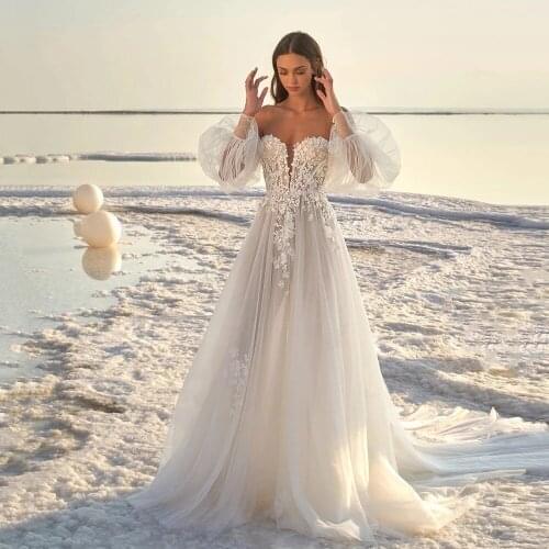 Backless Wedding Dresses A-line Long Sleeves Tulle Appliques Lace Dubai Arabic Wedding Gown Bridal Dress Vestido De Noiva