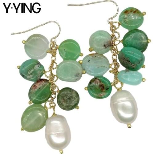 Y·YING Natural Green Chrysoprase Cultured White Rice Pearl Hook Dangle Earrings