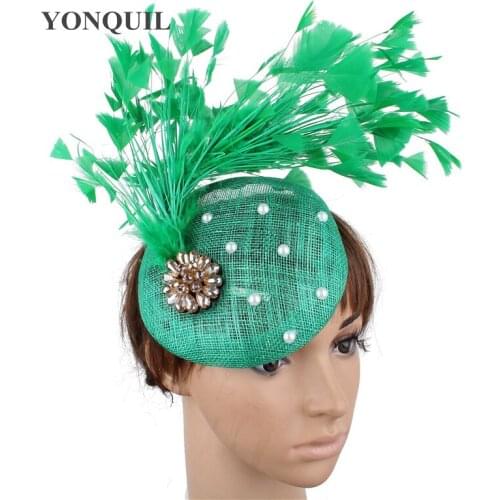 Green Linen Nice Bridal Wedding Chapeau Cap Elegant Women Fashion Fascinator Hat Feather Hair Headwear For Bride Marriage Hats