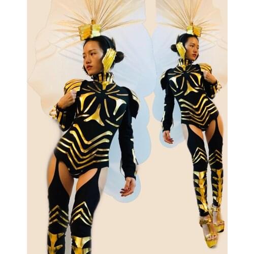 Mirror Golden Leather Armor Warrior Stgae Costume Nightclub Future Technology Sense Gogo Dance Performance Wear Rave Outfit 4147