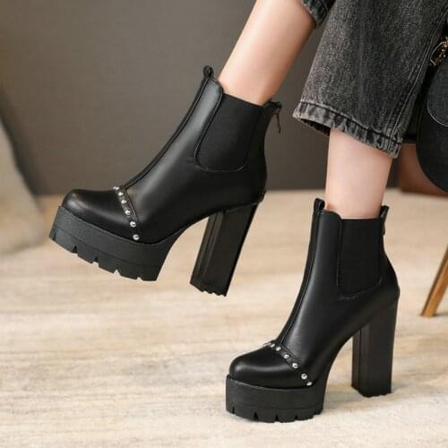 Patent PU Leather Women Ankle Boots Platform Square High Heel Short Boots Autumn Winter Zipper Ladies Boots Plus Size 34-43