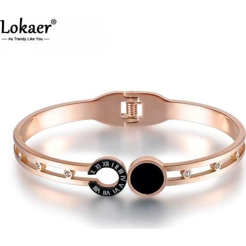 Lokaer Classic Rose Gold Roman Number Bangles For Women 316L Stainless Steel Black Shell Lover Charm Bracelets & Bangles B17019