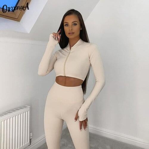 OrangeA Autumn Women Tracksuit Fitness Skinny Casual 2Piece Set Long Sleeve Zipper Crop Tops+Sporty Leggings Matching Streetwear