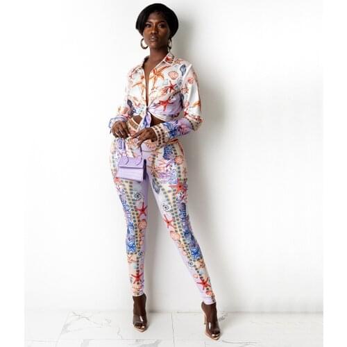 2021 Autumn Womens Dress New Fashion Sexy Digital Positioning Print Shirt + Fashion Casual Long Trousers Two Piece Sets