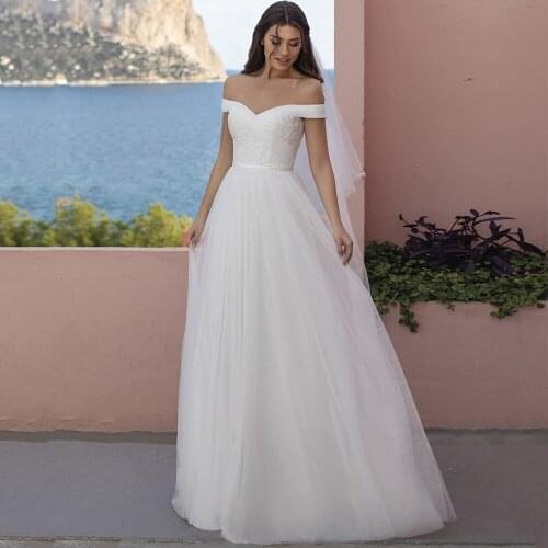 A-Line Tulle Sweetheart Wedding Gowns 2021 Elegant Off the Shoulde Sweep Train Embroidery Bridal Gowns Vestido De Novia