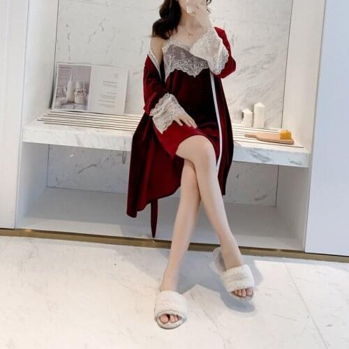 Gold Velvet Pajamas Spring/autumn New Fairy Lace Sling Nightdress Nightgown Two-piece Skin-friendly and Comfortable Home Service