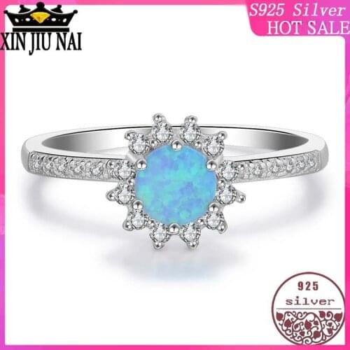 100% 925 sterling silver S925 with colored blue opal luxury crushed stone premium craft sun flower female ring