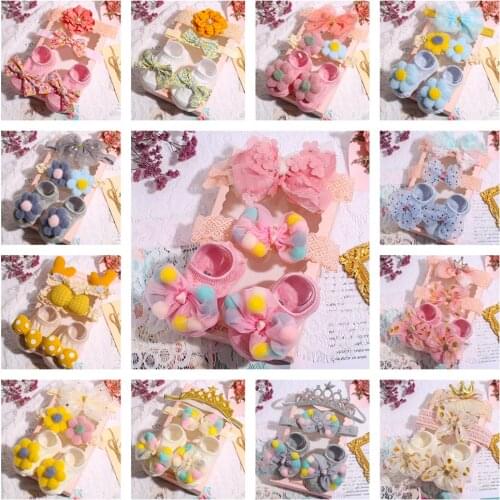 3Pcs/Set Infant Newborn Baby Girls Slipper Socks Headband Gift Foot Socks Lace Crown Hair Band Accessories Photo Props Meias