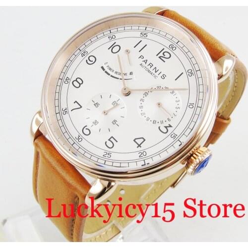Rose Gold Mechanical Men Watch Power Reserve Indicator 42mm Watch Case PARNIS Brand High Quality Watch