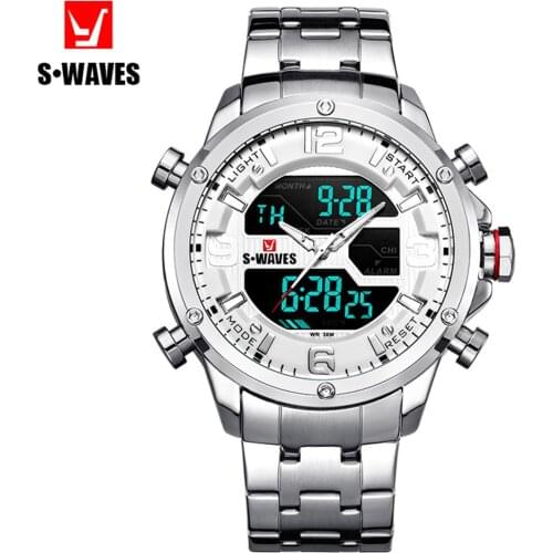 SWAVES Dual Display Wristwatch Mens Casual Quartz Waterproof Relojes Hombre Silver White Fashion LCD Stainless Steel Men Watch