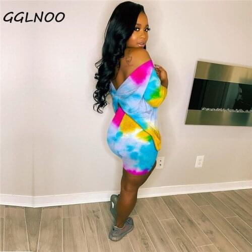 GGLNOO Tie Dye Print Women Tracksuit 2 Piece Set Backless Off Shoulder two-piece suit Fashion Casual Home Outfits