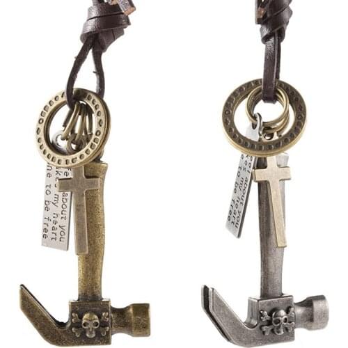 Jessingshow New Mens Punk Tool Hammer Genuine Leather Necklace Length Adjusted Freely Pendant Necklace Men Retro Necklace