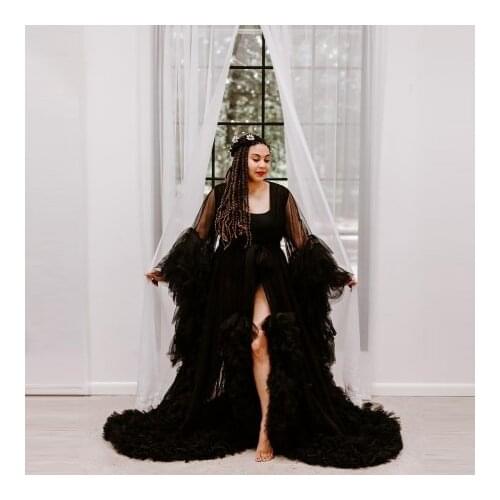 Classic Black Tulle Robes Long Sleeves Soft Tulle See Thru Ruffles Extra Puffy Tiered With Train Women Maternity Dresses