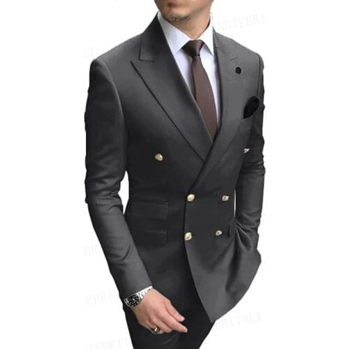 Classic Golden Buttons Dark Grey Men Suit for Wedding Groom Tuxedo Custom Double Breasted Charcoal Jacket with Pants 2 Piece Set