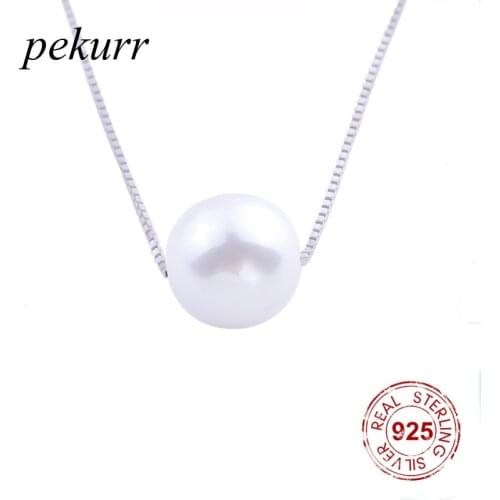 Pekurr 925 Sterling Silver 8-12mm Shine Round White Pearl Necklace For Women Fine Jewelry Box Chain Pendants