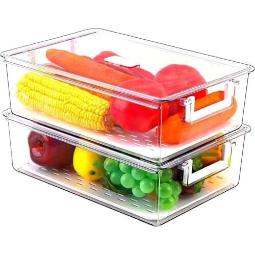 Refrigerator Food Storage Container Bins 2 Pack Fridge Organizer with Lid and Drain Tray Produce Bins for Fruits,Snacks