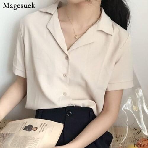 Korean Shirt for Women Solid Blouse Office Lady White Tops Fashion Short Sleeve Summer V Neck Woman Shirt Blusas Femininas 10166