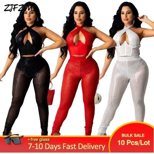 Bulk Items Wholesale Lots Womens Sets Glitter Sequin Spliced Slim Fit Crop Top+high Waist Sheath Pant Off Shoulder 2 Pcs Outfit