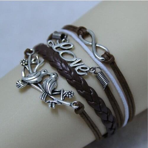 Hot sales Charming fashion jewelry leather braided rope vintage silver plated bird infinity bangle