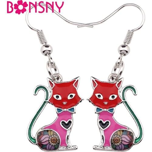 ARWA Enamel Alloy Novelty Kitten Cat Earrings Long Dangle Drop Trendy Animal Jewelry For Girls Women Ladies Gifts Charms