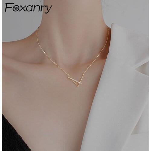 Foxanry 925 Sterling Silver Clavicle Chain Necklace New Trend Elegant Simple Sweet Geometric Zircon Bride Jewelry Birthday Gifts