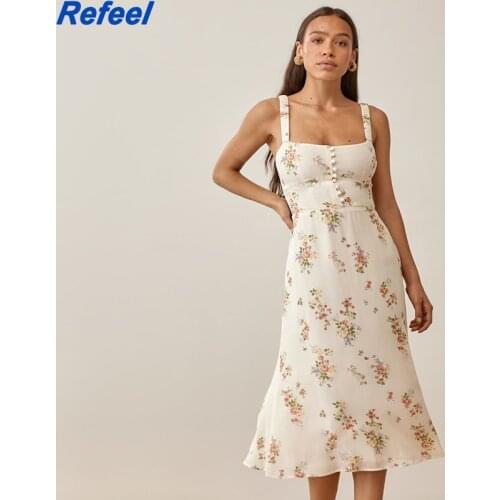 Women Spaghetti Strap Dress Sexy Sleeveless Buttons Slim A-line Long Beach Dress Holiday Elegant Women Summer Clothes For Party