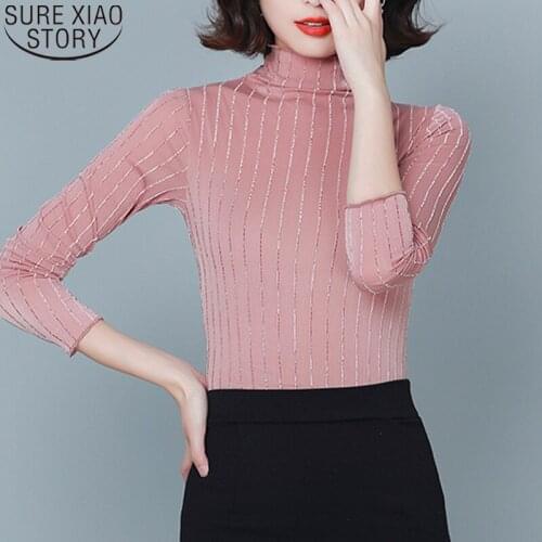 Casual Mesh Blouse Fashion Striped Shirt Auautmn Turtleneck Shirt Women Tops Slim Long Sleeve Vintage Bright Yarn Blusas 16717