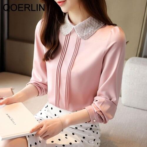 QoerliN Chiffon Shirt Female Doll Collar Beaded Blouse OL Temperament Shirt Long Sleeve Back Button Blouse Pullovers Plus Size