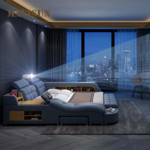Modern Smart Multifunctional Queen Double Bed Nordic Luxury Massage Fabric Bed With Storage Space Bedroom Furniture Set Chic