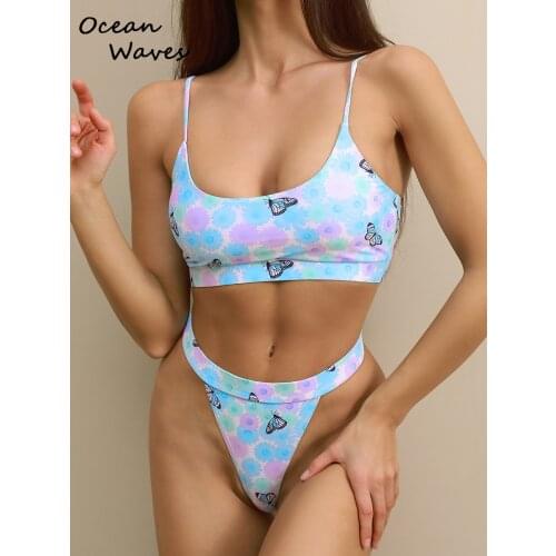 Thong Bikinis Set Butterfly Print Swimwear Women 2021 High Leg Cut Brazilian Biquini Female Push Up Lingerie Set Summer Swimsuit