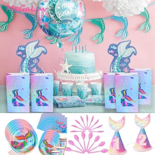 Mermaid Party Decor Tableware Girl 1-9st Birthday Party Rainbow Hat Number ballon Paper Cups Plate Napkins Baby Shower Supplies