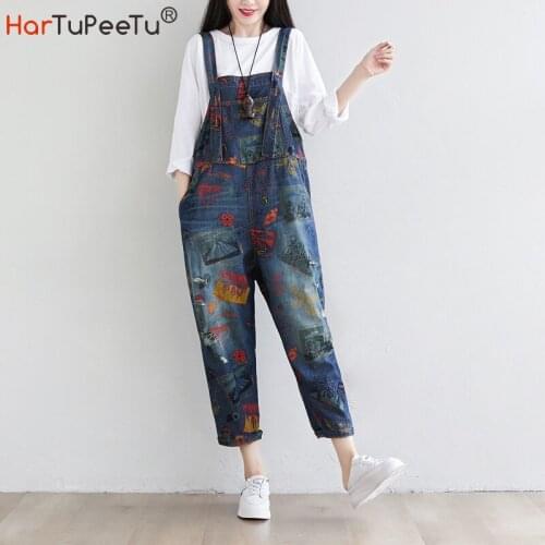 Women Denim Jumpsuit 2021 Autumn Plus Size Ripped Jeans Overalls with Pockets Print Loose Casual Baggy Pants