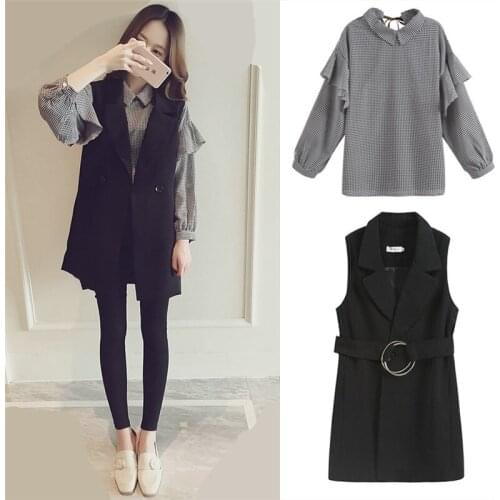 Large Size Autumn Women Long Sleeve Slim Shirt and Belted Vest Two Piece Set Ladies Fashion Waistcoat Office Style Vogue Suits