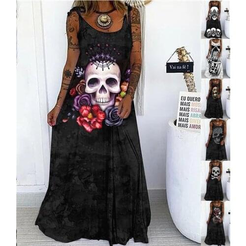 2021 Casual Punk Loose Women Dress Skull Print Sleeveless Female Dress Streetwear Side High Flower Female Vestidos