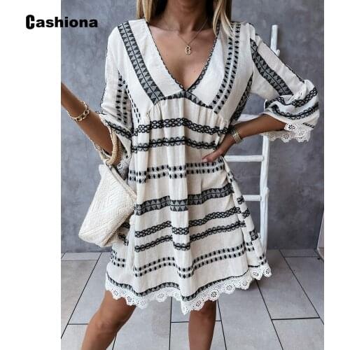 Vintage 2021 Summer Knee-Length Dress Women Long Sleeve Patchwork Lace Stripe Dresses Plus Size Femme Loose Skirt A-line Dress