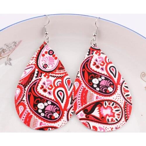 2019 Hot Selling Large Print Paisley PU Leather Teardrop Earrings for Women Fashion Jewelry Wholesale
