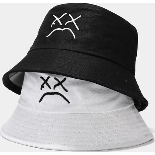 2021 Fashion Embroidered Crying Face Panama Hat Cap Cotton Bucket Hat Summer Sun Hats for Women Men Gorro black/white/yellow