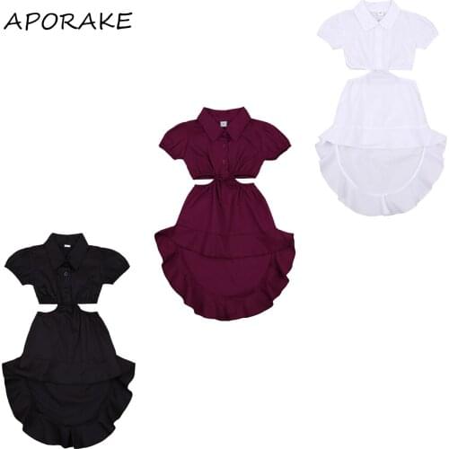 2021 1-6Y Fashion Kids Baby Girl Summer Dress Turn-down Collar Puff Short Sleevel Holow Waist Solid Color Ruffle A-line Dress
